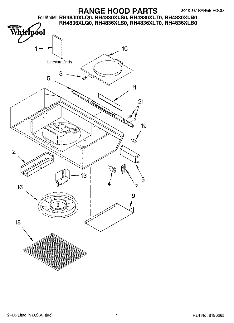 RANGE HOOD PARTS Diagram and Parts List for RH4830XLT0  Whirlpool Range Hood