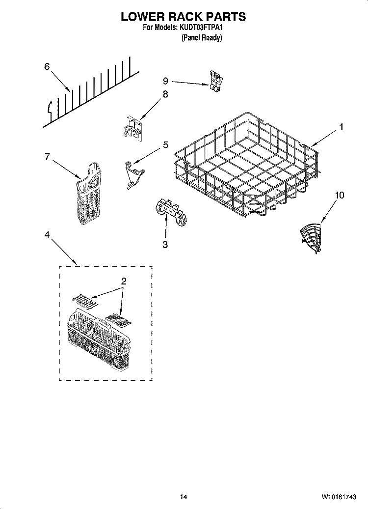 LOWER RACK PARTS Diagram and Parts List for KUDT03FTPA1  KitchenAid Dishwasher