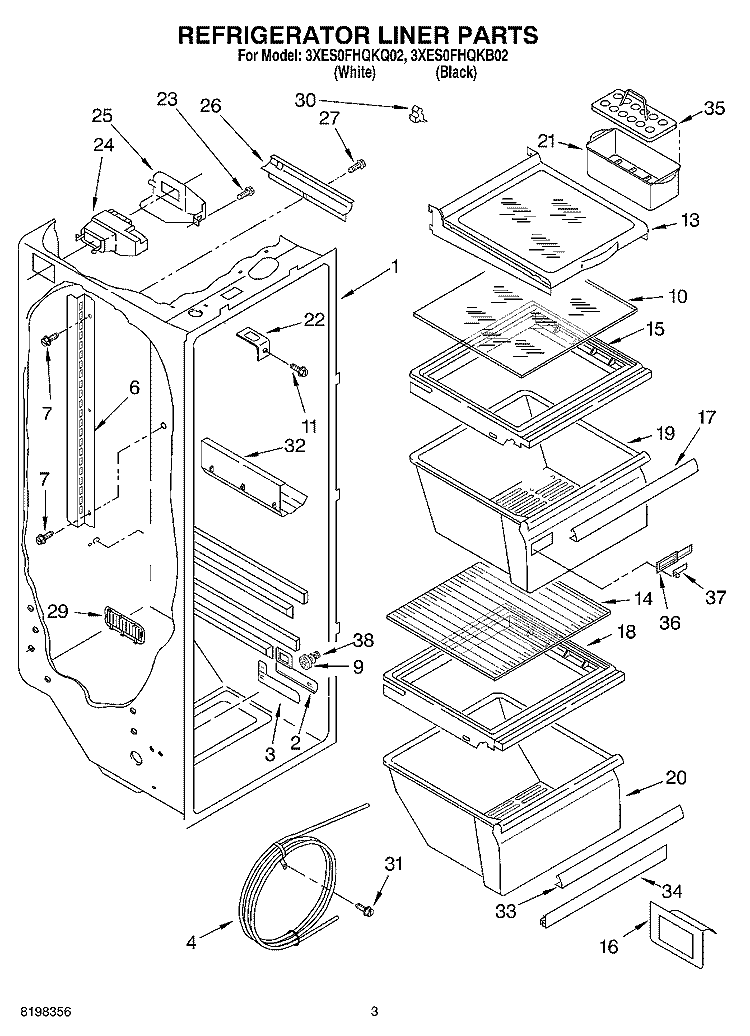 REFRIGERATOR LINER Diagram and Parts List for 3XES0FHQKQ02  Whirlpool Refrigerator