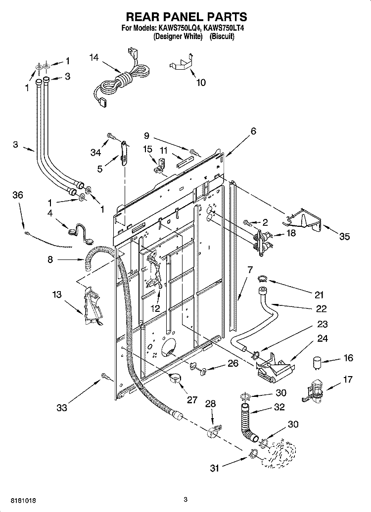 REAR PANEL PARTS Diagram and Parts List for KAWS750LT4  KitchenAid Washer