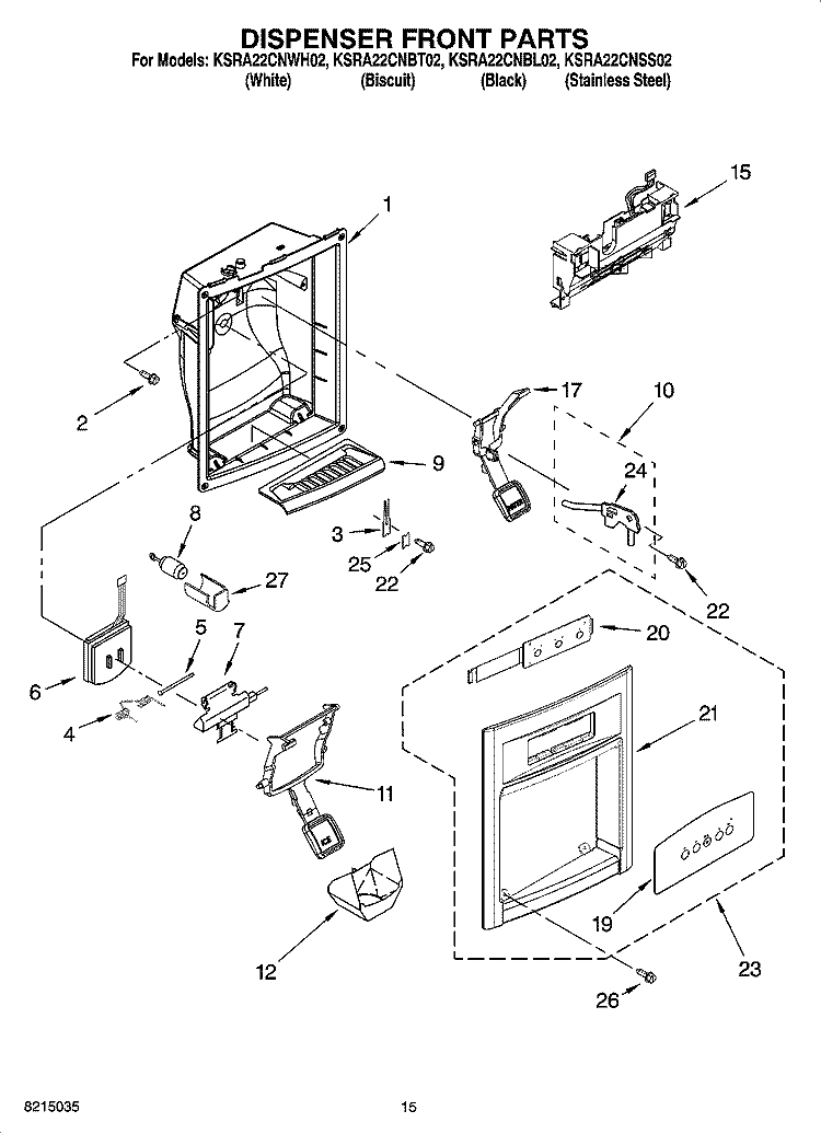DISPENSER FRONT PARTS Diagram and Parts List for KSRA22CNWH02  KitchenAid Refrigerator