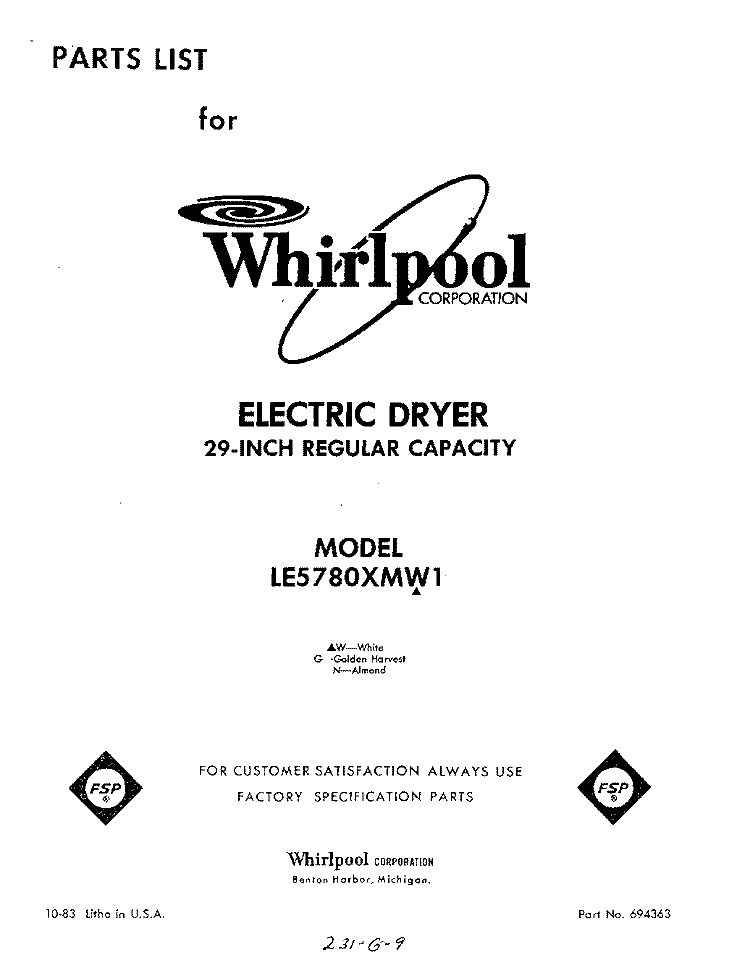 SECTION Diagram and Parts List for LE5780XMW1  Whirlpool Dryer