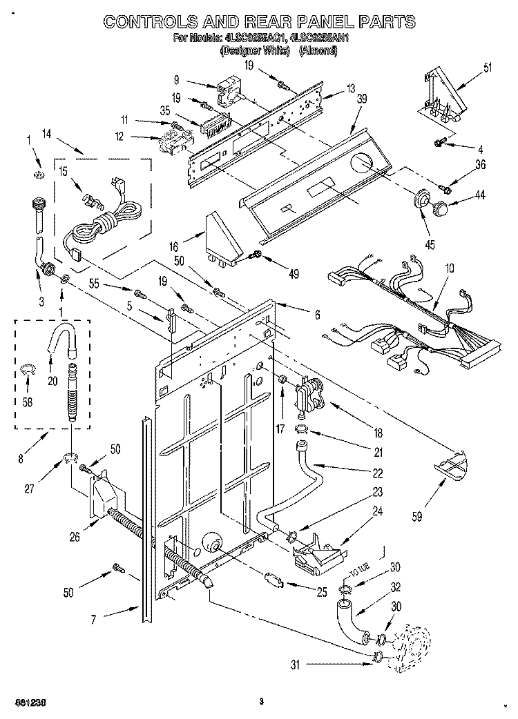 CONTROLS AND REAR PANEL Diagram and Parts List for 4LSC9255AQ1  Whirlpool Washer