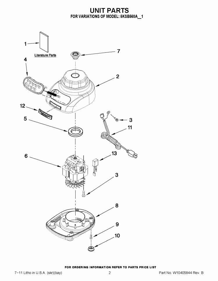 UNIT PARTS Diagram and Parts List for 5KSB560AOB1  KitchenAid Blender