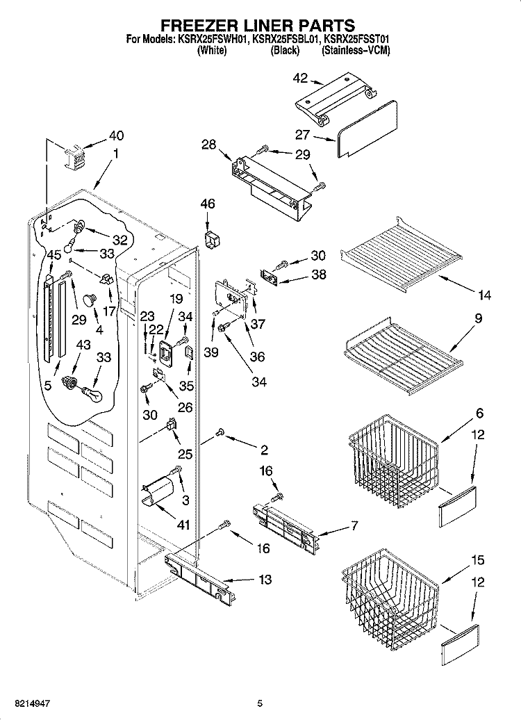 FREEZER LINER PARTS Diagram and Parts List for KSRX25FSST01  KitchenAid Refrigerator