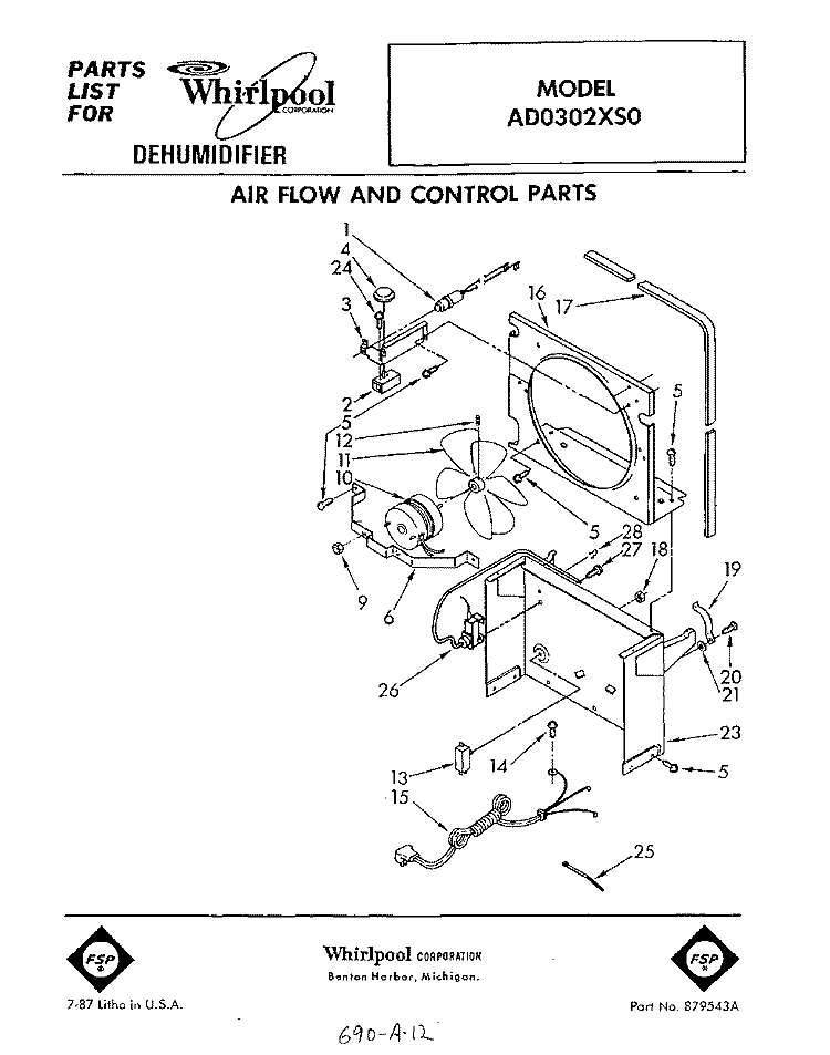 SECTION Diagram and Parts List for AD0302XS0  Whirlpool Dehumidifier