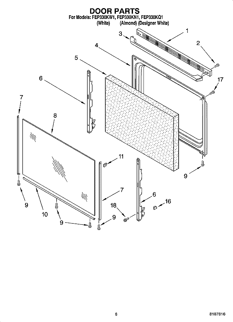 DOOR PARTS, MISCELLANEOUS PARTS Diagram and Parts List for FEP330KW1  Roper Range
