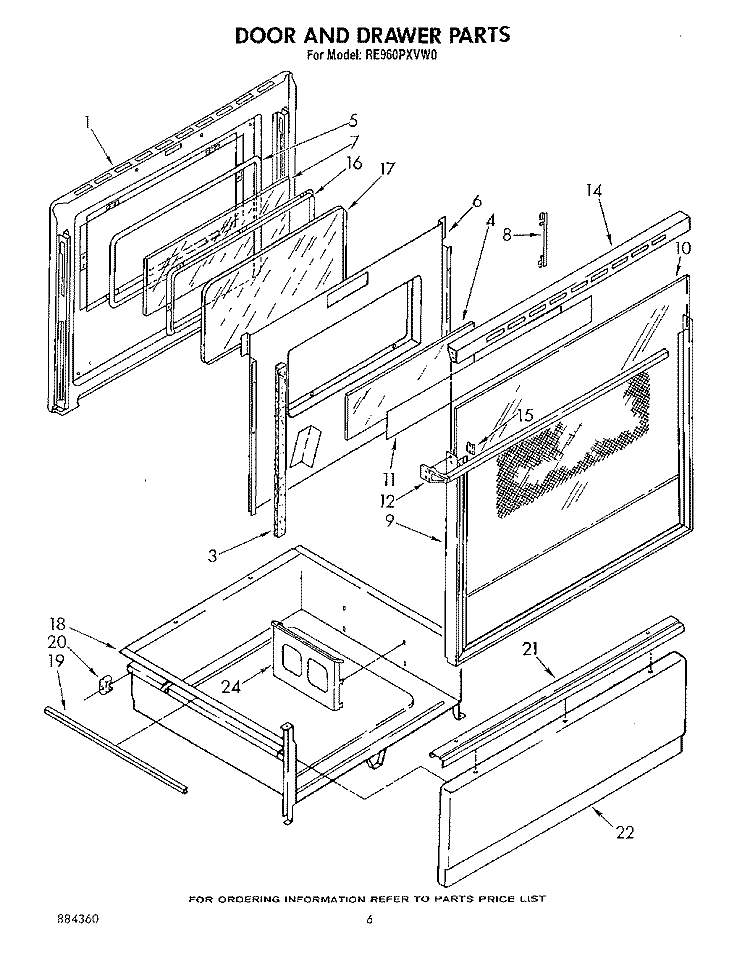 DOOR AND DRAWER Diagram and Parts List for RE960PXVW0  Whirlpool Range