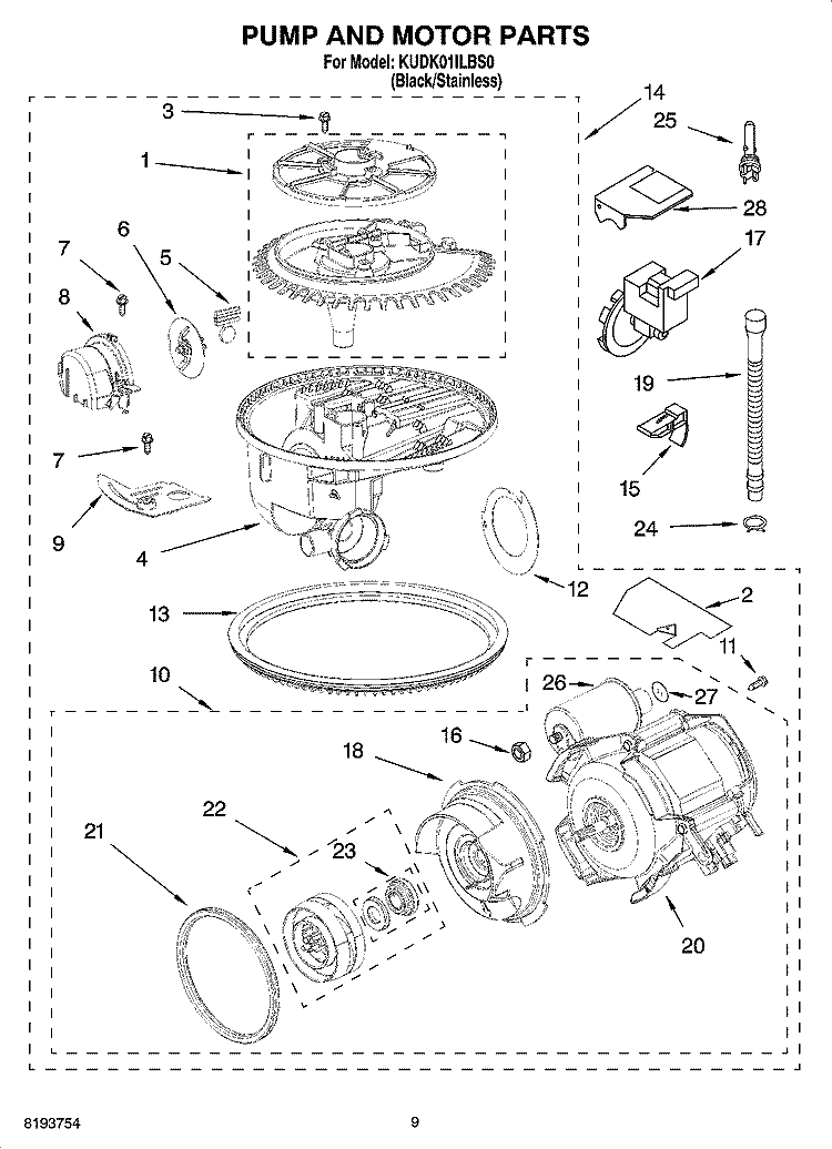 PUMP AND MOTOR PARTS Diagram and Parts List for KUDK01ILBS0  KitchenAid Dishwasher