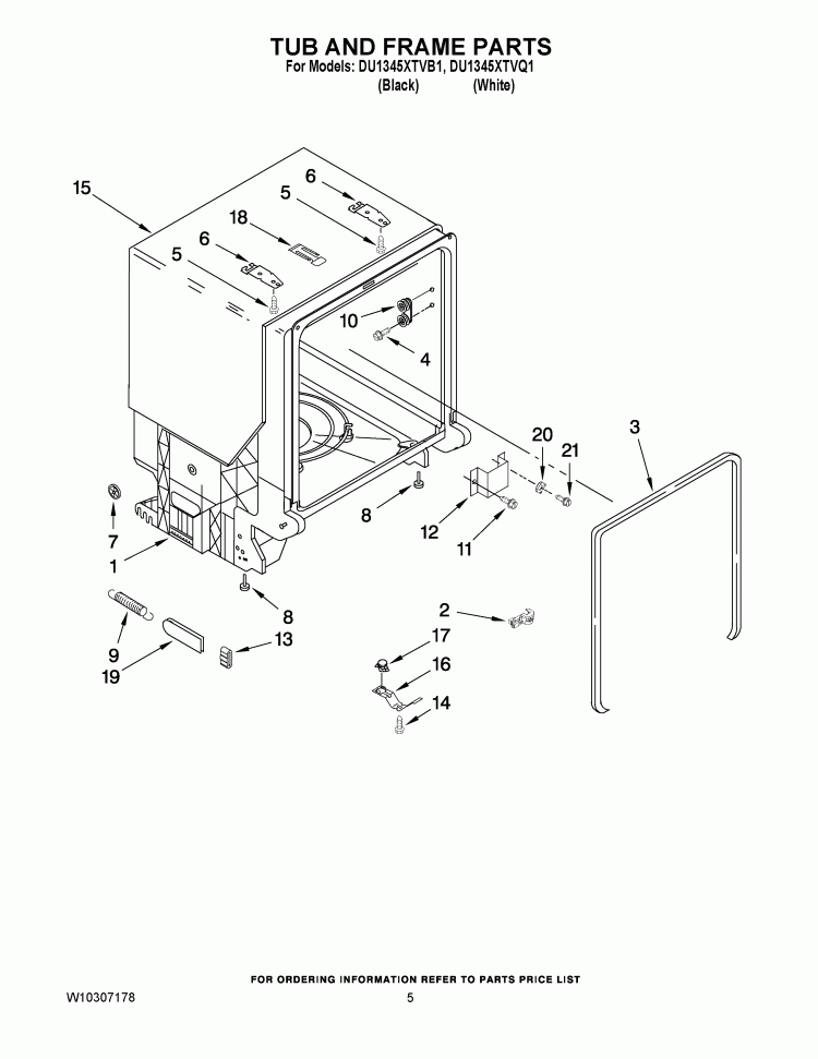 TUB AND FRAME PARTS Diagram and Parts List for DU1345XTVQ1  Whirlpool Dishwasher