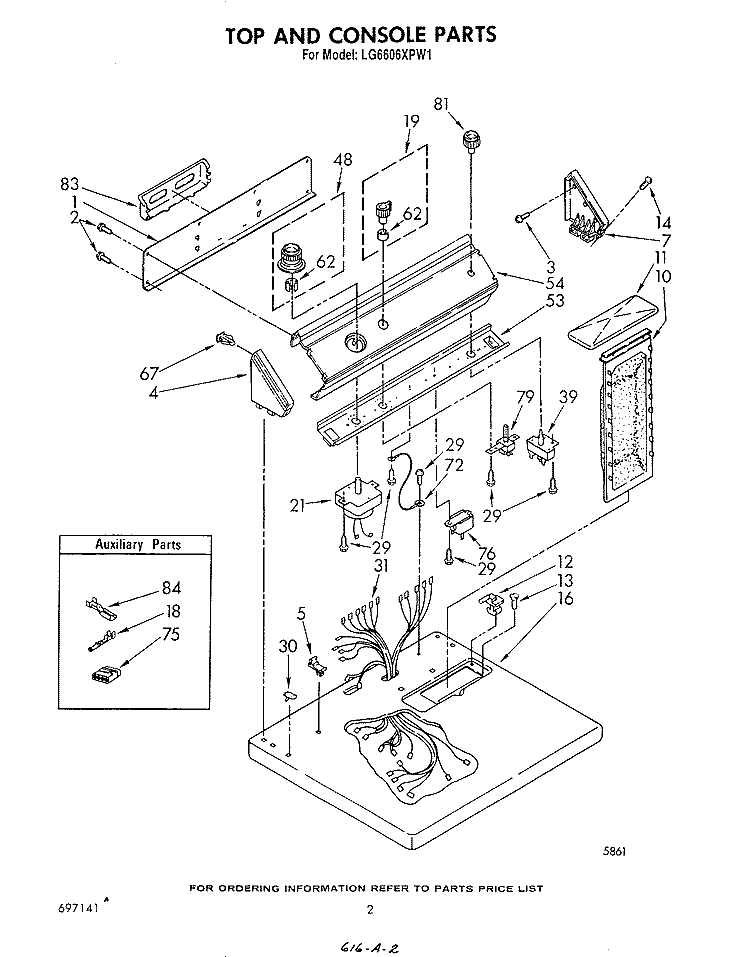 TOP AND CONSOLE , LITERATURE AND OPTIONAL Diagram and Parts List for LG6606XPW1  Whirlpool Dryer