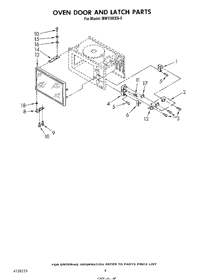 OVEN DOOR AND LATCH Diagram and Parts List for MW1500XS0  Whirlpool Microwave