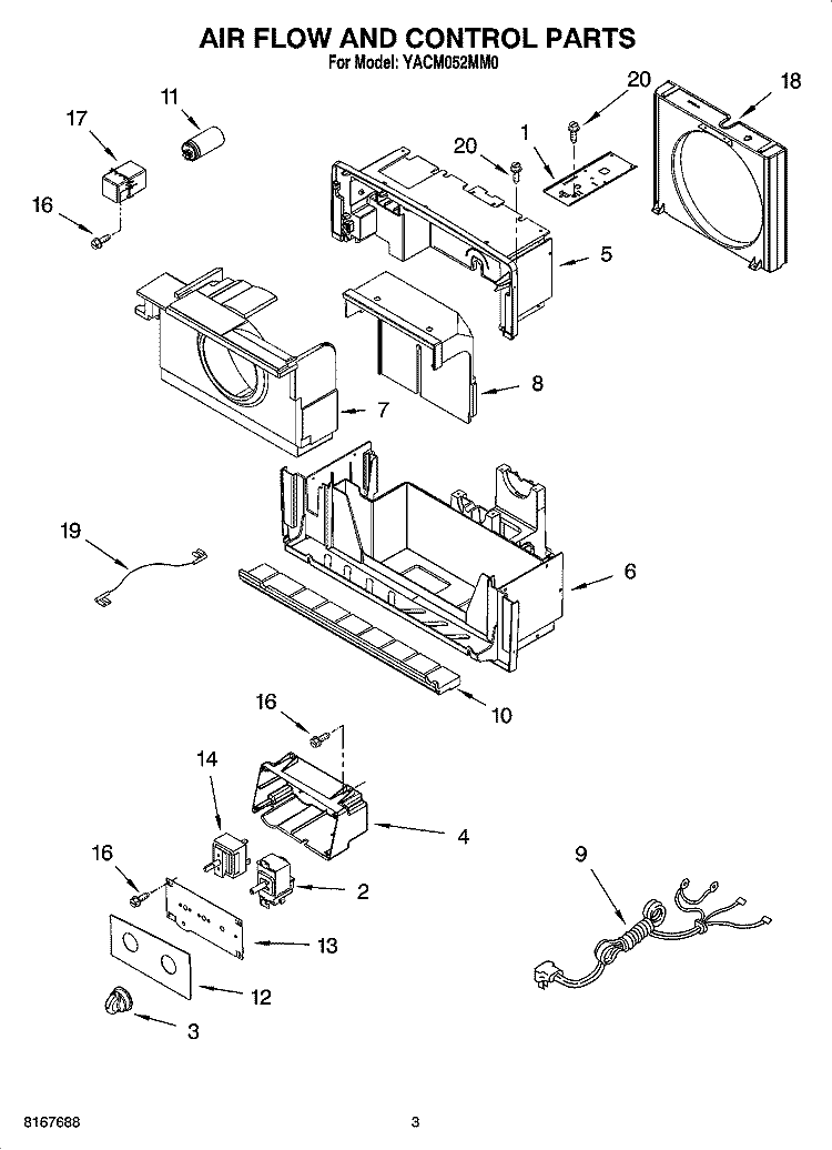 AIR FLOW AND CONTROL PARTS Diagram and Parts List for YACM052MM0  Whirlpool Air Conditioner