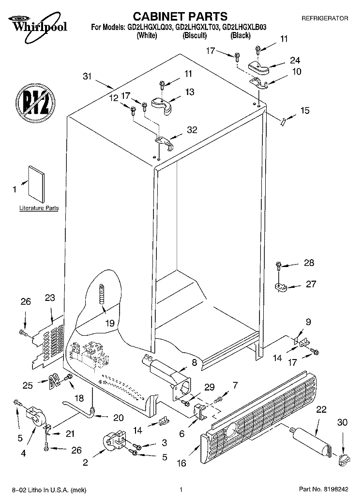 CABINET, LITERATURE Diagram and Parts List for GD2LHGXLT03  Whirlpool Refrigerator