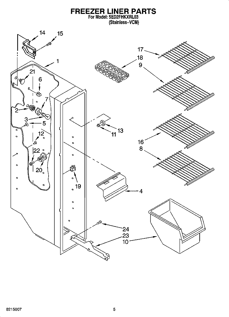 FREEZER LINER PARTS Diagram and Parts List for 5ED2FHKXRL03  Whirlpool Refrigerator