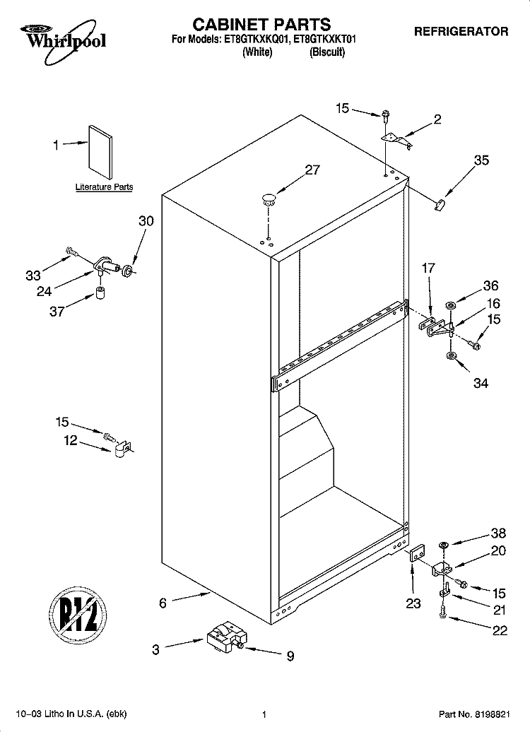 CABINET PARTS Diagram and Parts List for ET8GTKXKT01  Whirlpool Refrigerator