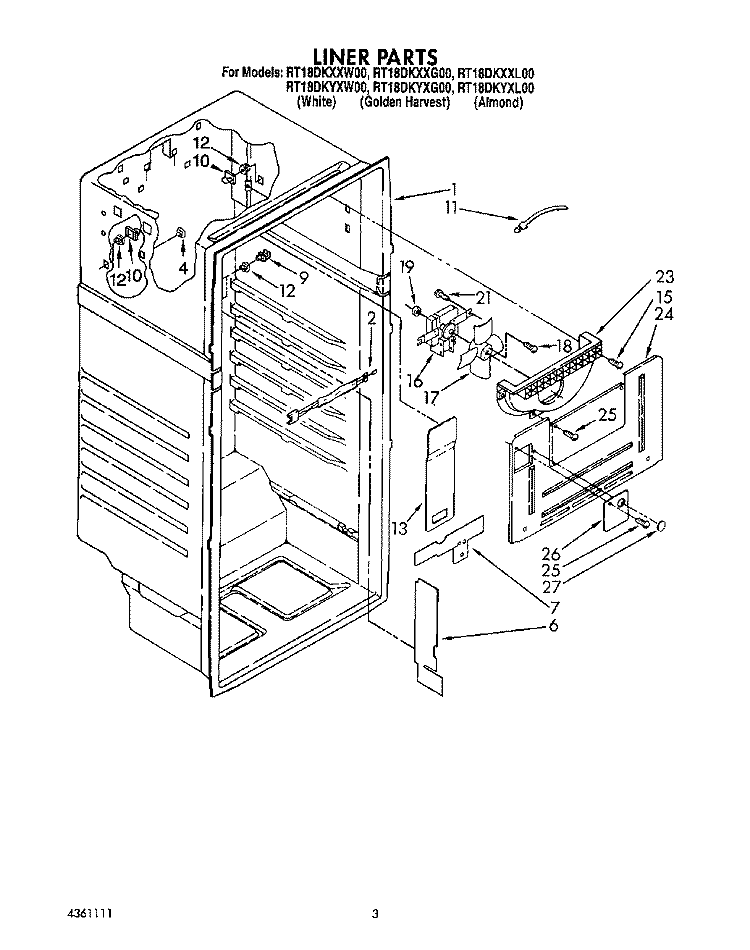 LINER Diagram and Parts List for RT18DKYXW00  Roper Refrigerator