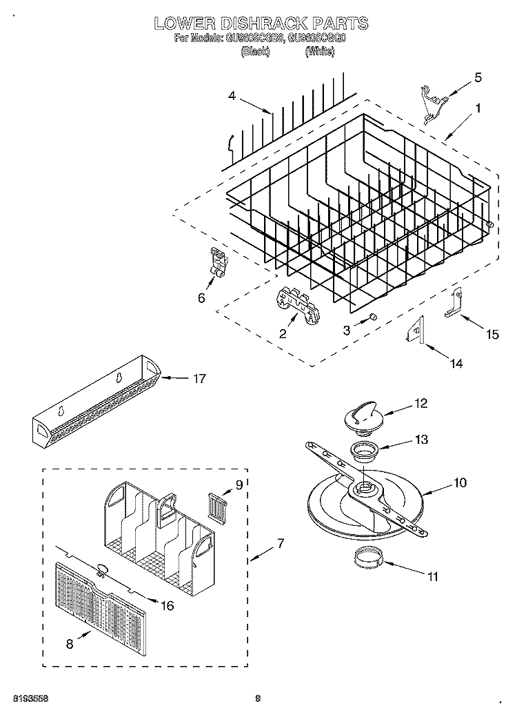 LOWER DISHRACK Diagram and Parts List for GU960SCGQ0  Whirlpool Dishwasher