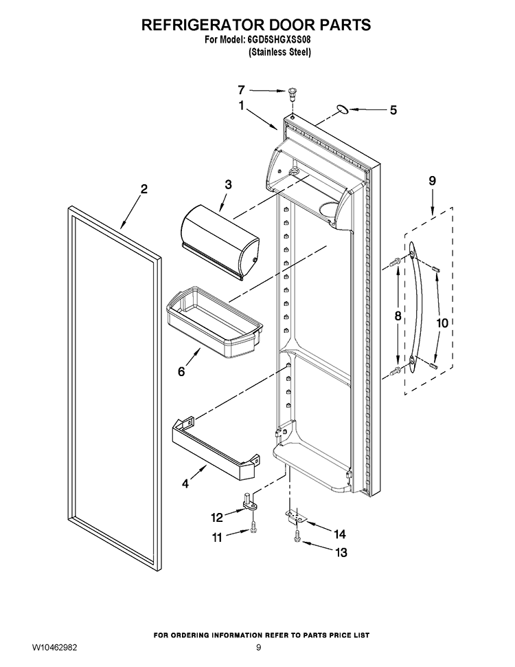 REFRIGERATOR DOOR PARTS Diagram and Parts List for 6GD5SHGXSS08  Whirlpool Refrigerator