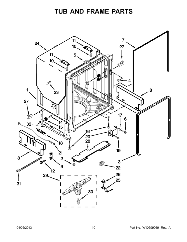 TUB AND FRAME PARTS Diagram and Parts List for KUDS30FXBL9  KitchenAid Dishwasher