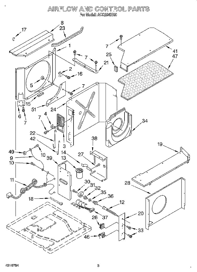 AIR FLOW AND CONTROL Diagram and Parts List for ACQ294XG0  Whirlpool Air Conditioner