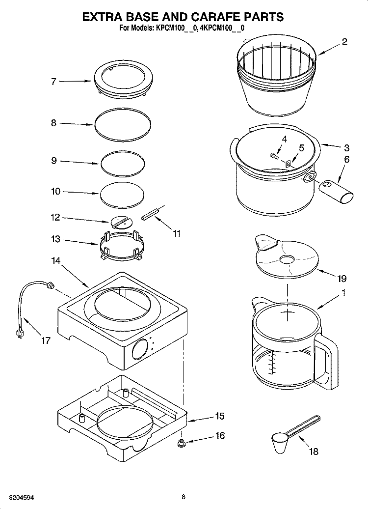 EXTRA BASE AND CARAFE PARTS Diagram and Parts List for 4KPCM100PM0  KitchenAid Coffee Maker