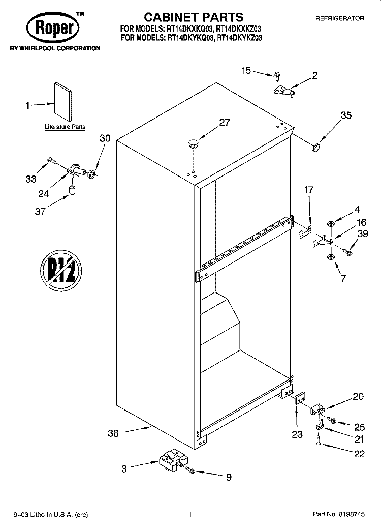 CABINET PARTS Diagram and Parts List for RT14DKYKZ03  Roper Refrigerator
