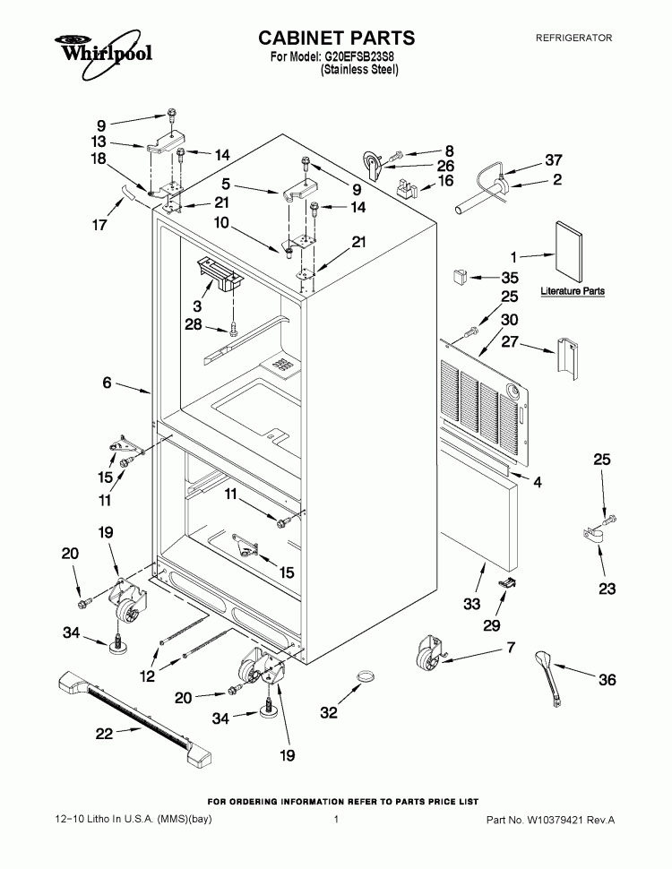 CABINET PARTS Diagram and Parts List for G20EFSB23S8  Whirlpool Refrigerator