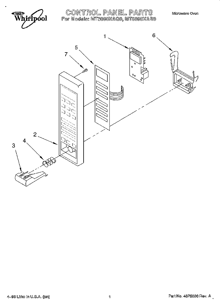 CONTROL PANEL Diagram and Parts List for MT3090XAQ0  Whirlpool Microwave