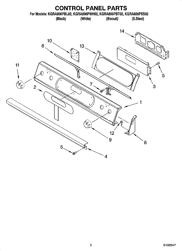 CONTROL PANEL PARTS Diagram and Parts List for KGRA806PBT02  KitchenAid Range
