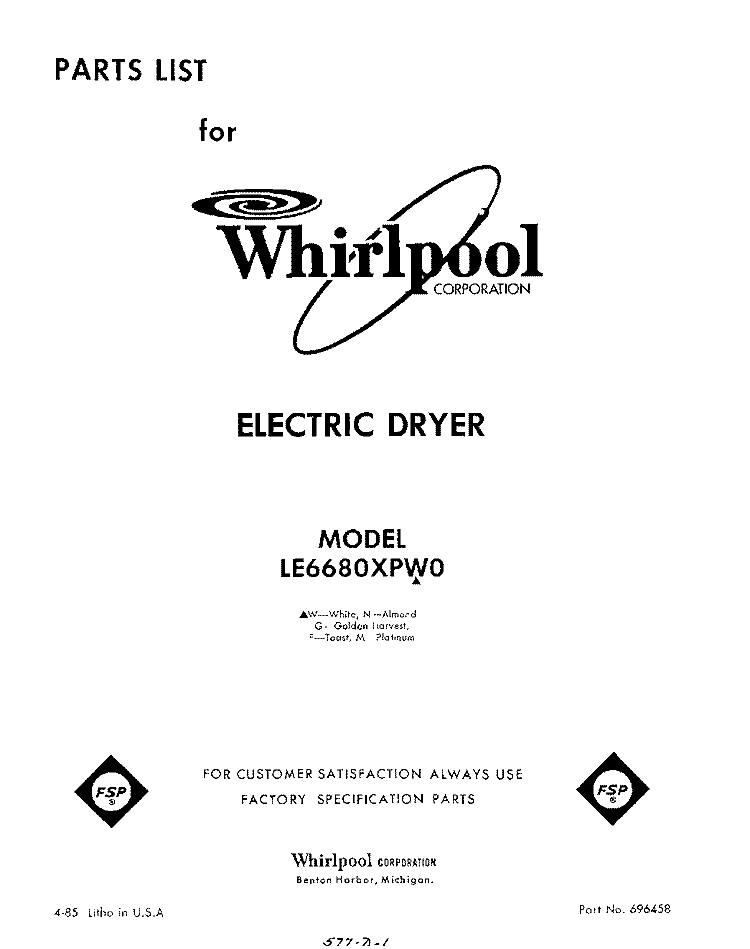 SECTION Diagram and Parts List for LE6680XPW0  Whirlpool Dryer