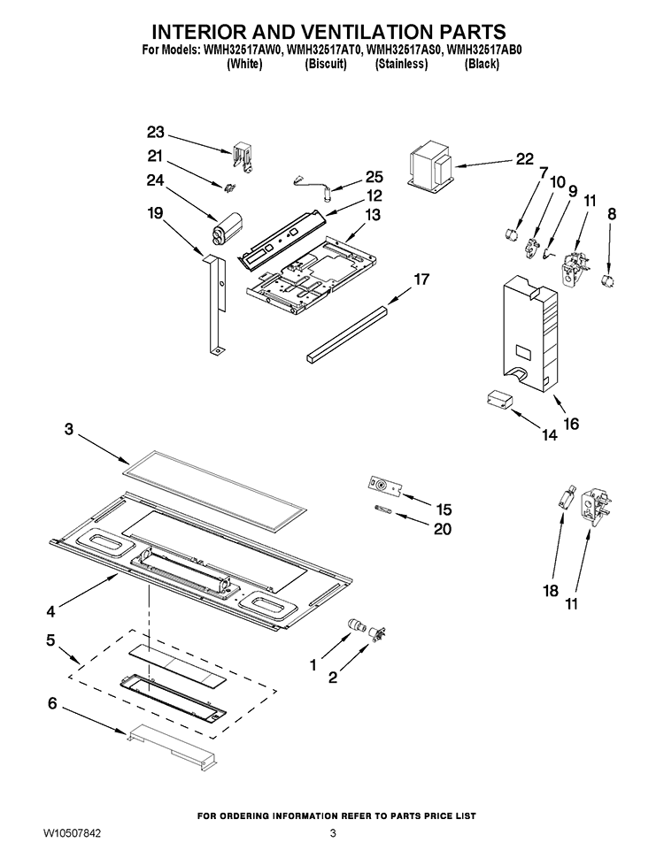 INTERIOR AND VENTILATION PARTS Diagram and Parts List for WMH32517AB0  Whirlpool Microwave