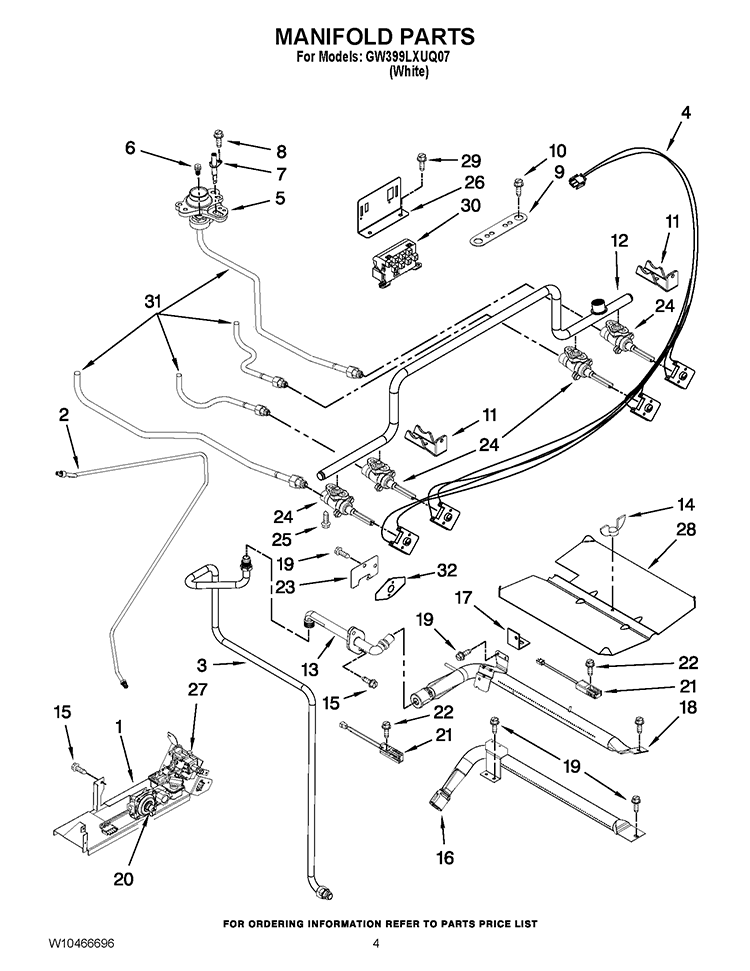 MANIFOLD PARTS Diagram and Parts List for GW399LXUQ07  Whirlpool Range