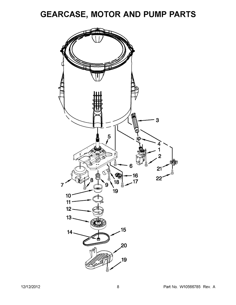 GEARCASE, MOTOR AND PUMP PARTS Diagram and Parts List for 3NWTW4800AQ0  Whirlpool Washer