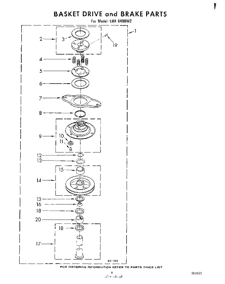 BASKET DRIVE AND BRAKE Diagram and Parts List for LHA6400W2  Whirlpool Washer