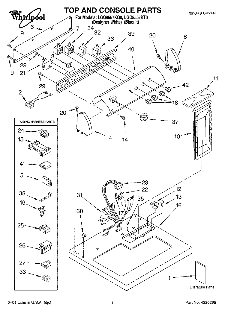 TOP AND CONSOLE, LIT/OPTIONAL Diagram and Parts List for LGQ9557KT0  Whirlpool Dryer