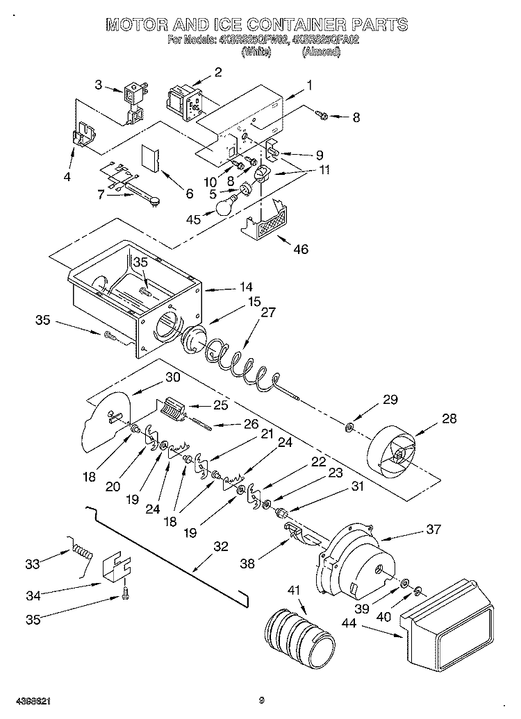 MOTOR AND ICE CONTAINER Diagram and Parts List for 4KSRS25QFA02  KitchenAid Refrigerator