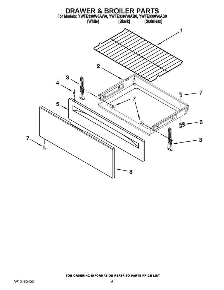 DRAWER & BROILER PARTS Diagram and Parts List for YWFE330W0AW0  Whirlpool Range