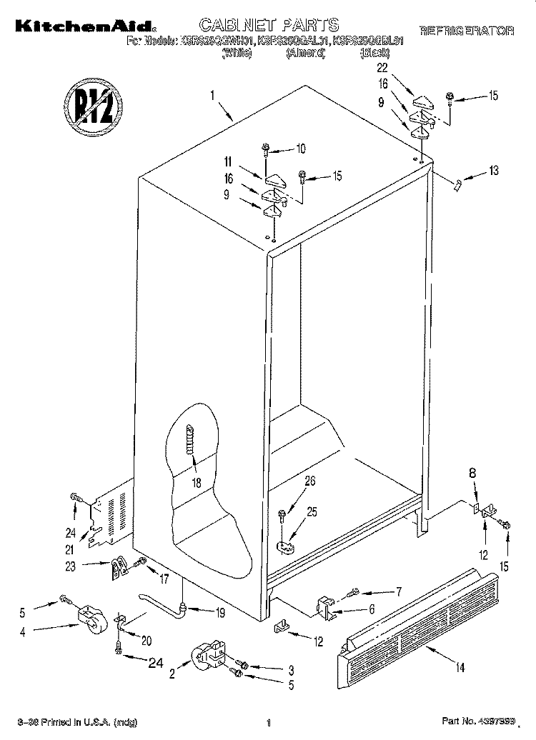 CABINET Diagram and Parts List for KSRS25QGWH01  KitchenAid Refrigerator