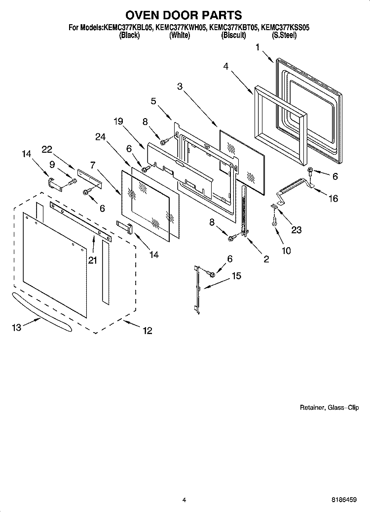OVEN DOOR PARTS Diagram and Parts List for KEMC377KWH05  KitchenAid Microwave Oven Combo
