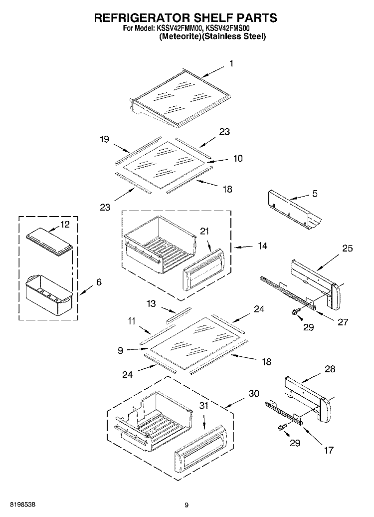 REFRIGERATOR SHELF PARTS Diagram and Parts List for KSSV42FMS00  KitchenAid Refrigerator