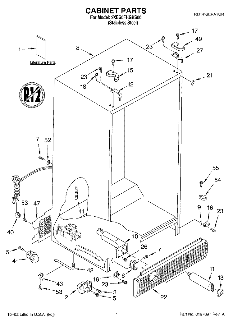 CABINET, LITERATURE Diagram and Parts List for 3XES0FHGKS00  Whirlpool Refrigerator