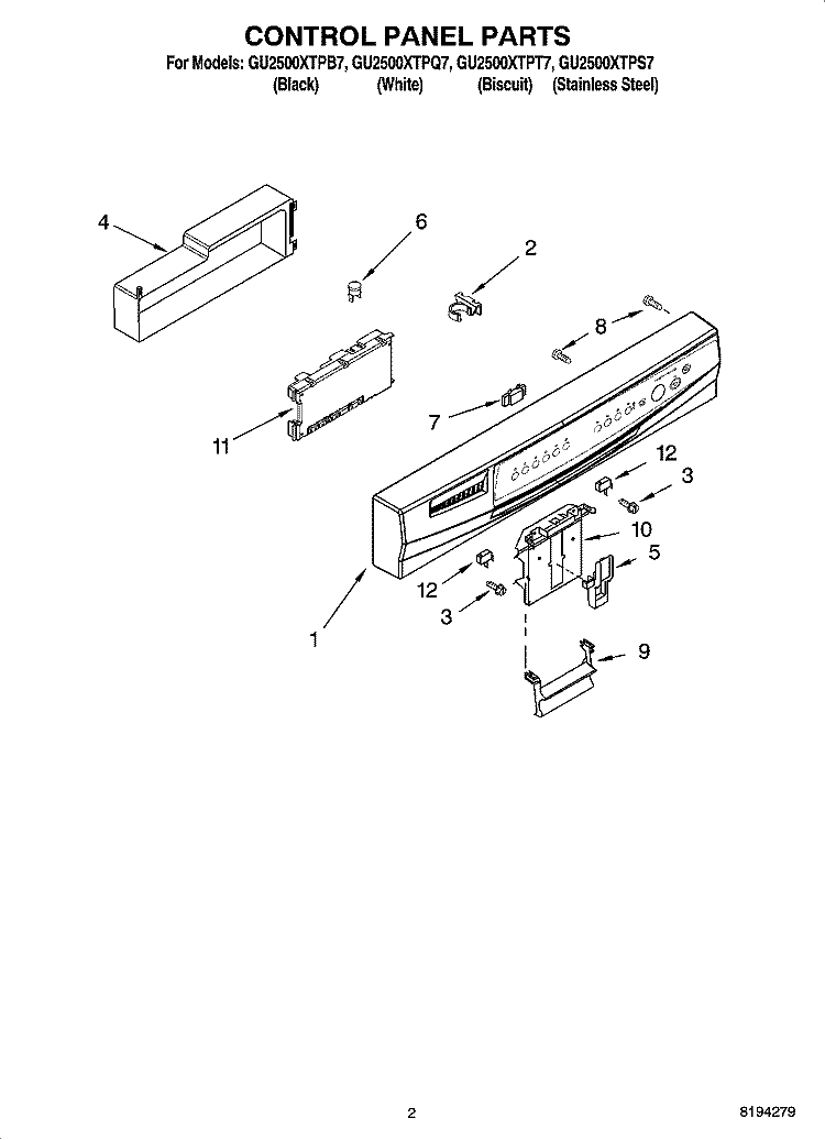CONTROL PANEL PARTS Diagram and Parts List for GU2500XTPT7  Whirlpool Dishwasher