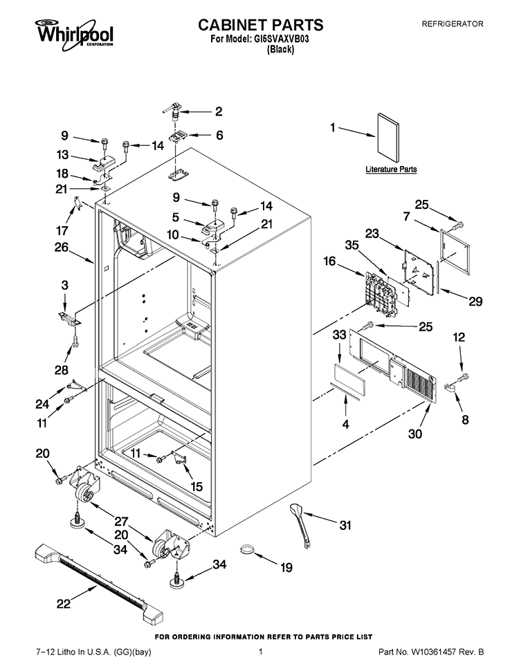 CABINET PARTS Diagram and Parts List for GI5SVAXVB03  Whirlpool Refrigerator