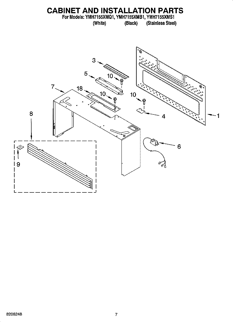 CABINET AND INSTALLATION PARTS Diagram and Parts List for YMH7155XMS1  Whirlpool Microwave