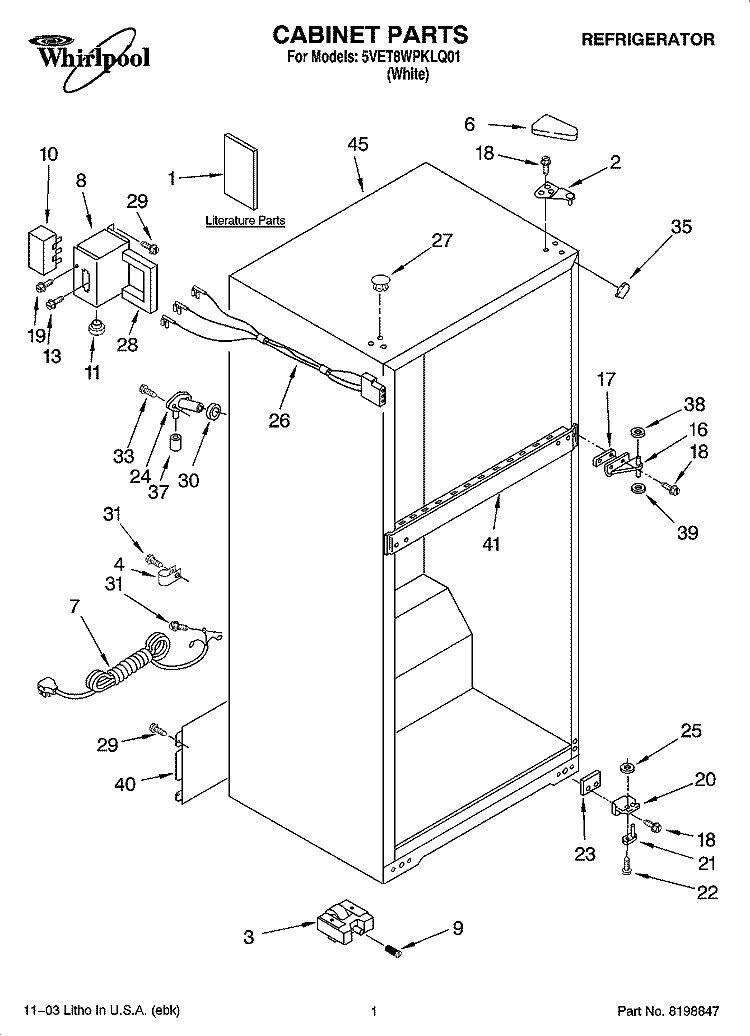 CABINET PARTS Diagram and Parts List for 5VET8WPKLQ01  Whirlpool Refrigerator