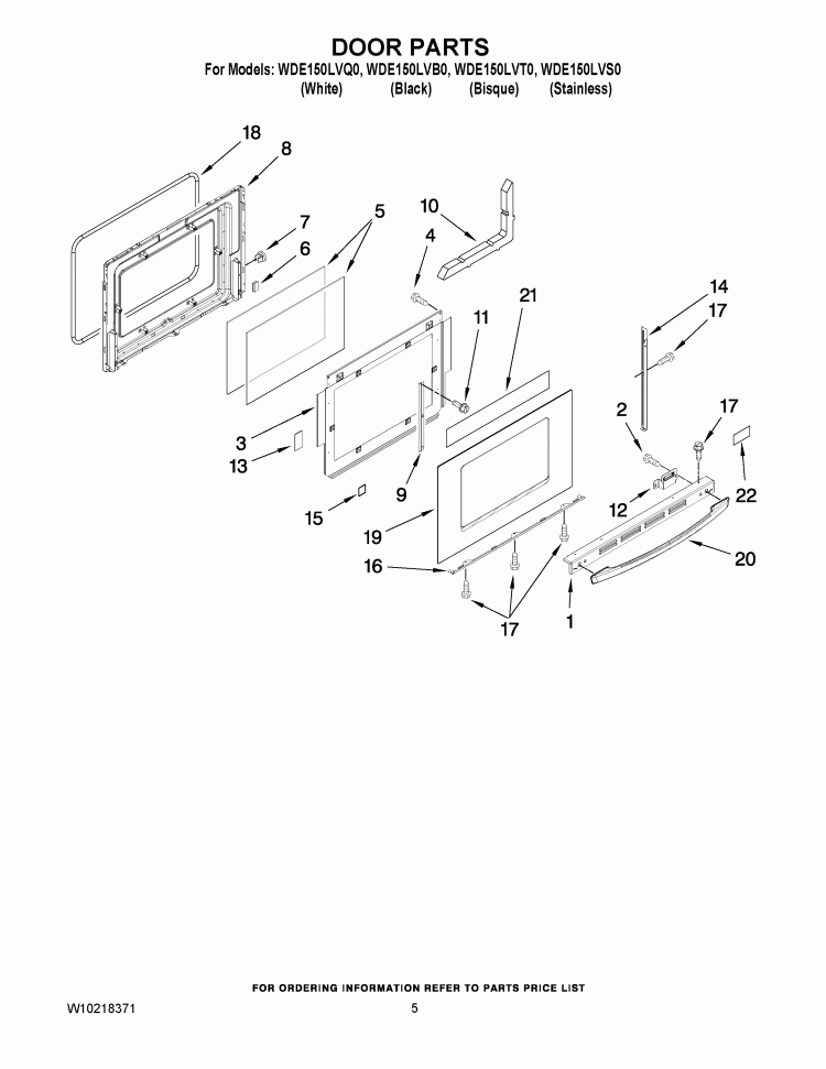DOOR PARTS Diagram and Parts List for WDE150LVS0  Whirlpool Range