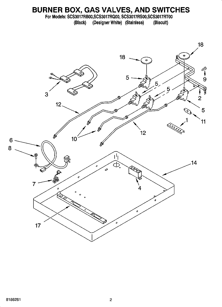 BURNER BOX, GAS VALVES, AND SWITCHES Diagram and Parts List for SCS3017RQ00  Whirlpool Cooktop