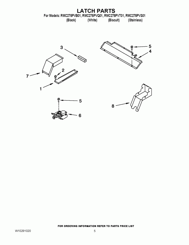 LATCH PARTS Diagram and Parts List for RMC275PVB01  Whirlpool Microwave Oven Combo