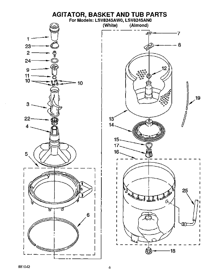 AGITATOR, BASKET AND TUB Diagram and Parts List for LSV8245AW0  Whirlpool Washer